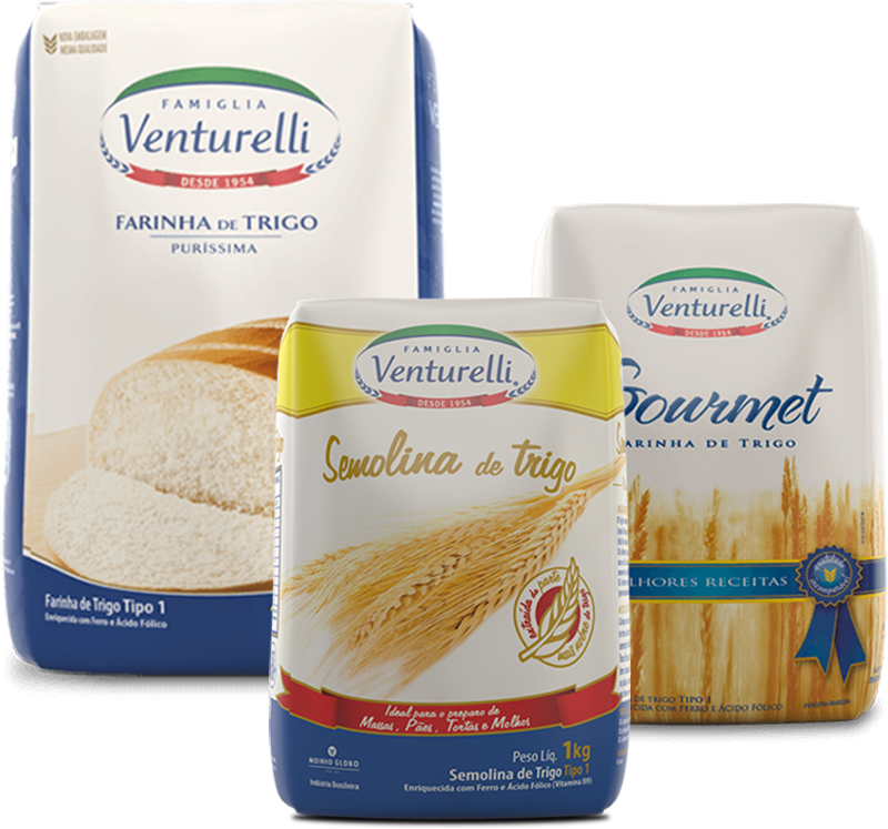 imagens produtos Venturelli: farinha de trigo, semolina de trigo e farinha de trigo Gourmet.